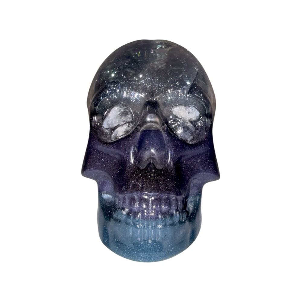 Handmade Resin Skull Figurine 3D Galaxy Purple Blue Glitter Decor Crystal Eyes